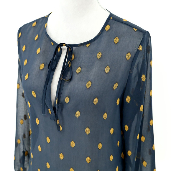 Ann Taylor Top Petites SP PS Navy Blue Sheer Blouse Gold Medallions Embroidery - Picture 8 of 14